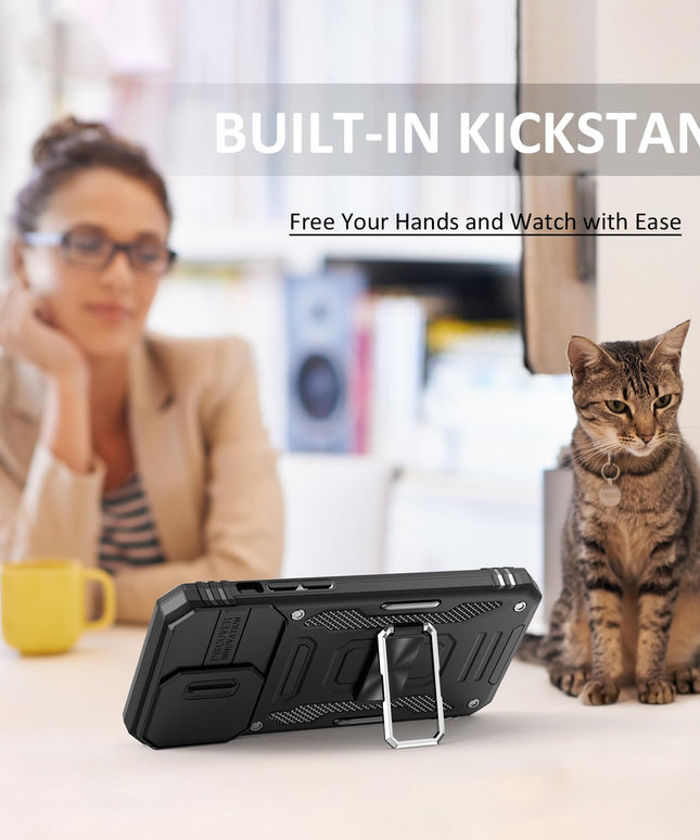 UKLCCU Case for iPhone 15 Pro Phone Case iPhone 15 Pro Case for Men Heavy Duty Armor Case with Slide Camera Cover, with Kickstand and Ring for iPhone 15 Pro - Black