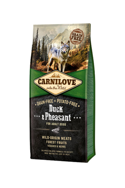 Carnilove duck and pheasant adult dog food 12kg bag, front view