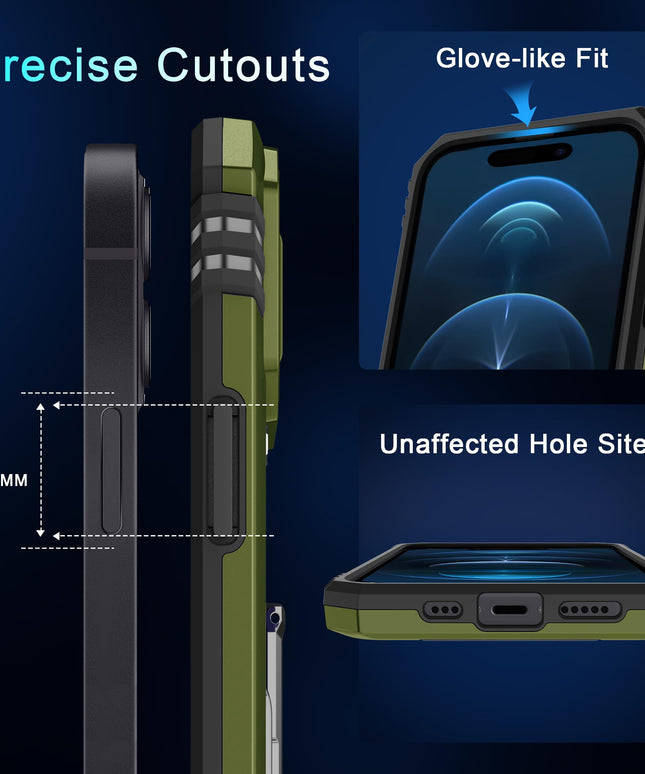 BAHAHOUSES Case for iPhone 15 with Slide Camera Cover, Rotated Ring Kickstand Military Grade Shockproof Protective Cover-Olive Green