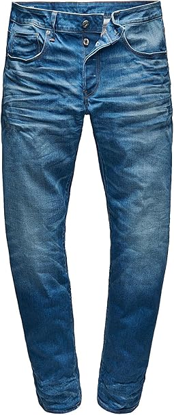 Close-up detail of blue jeans highlighting stitching details and a faded design on a white background.