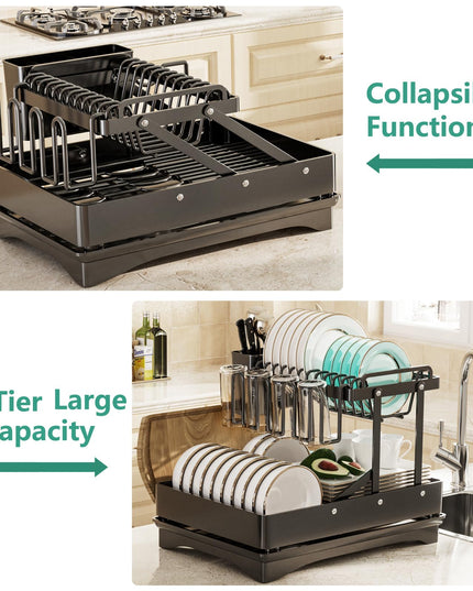 Hiviweer Dish Drying Rack, Multifunctional & Collapsible Dish Rack for Kitchen Counter, Black