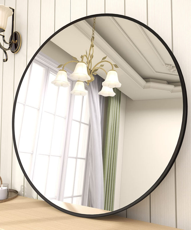 BEAUTYPEAK 45 cm  Round Mirror, Black Metal Frame Circle Mirror