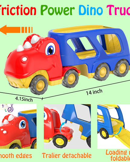 Toddler Car Toy for 2 3 4 5 Years Old, Dinosaur Transport Carrier Truck with 4 Pack Small Pull Back Dino Car, Friction Power Vehicle Christmas Birthday Gift for 18M+ Kids Boys Girls