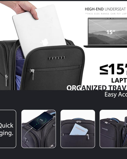 Verage Carry On Luggage with Wheels, 16 Inch Underseat Spinner Luggage Pro, Underseat Personal Item Travel Bag for Men and Women, Carry On Bags for Airplanes, Black