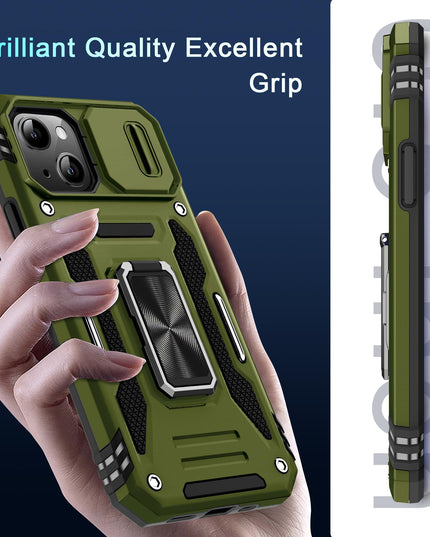 BAHAHOUSES Case for iPhone 15 with Slide Camera Cover, Rotated Ring Kickstand Military Grade Shockproof Protective Cover-Olive Green