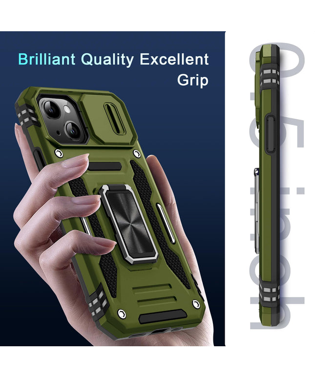 BAHAHOUSES Case for iPhone 15 with Slide Camera Cover, Rotated Ring Kickstand Military Grade Shockproof Protective Cover-Olive Green