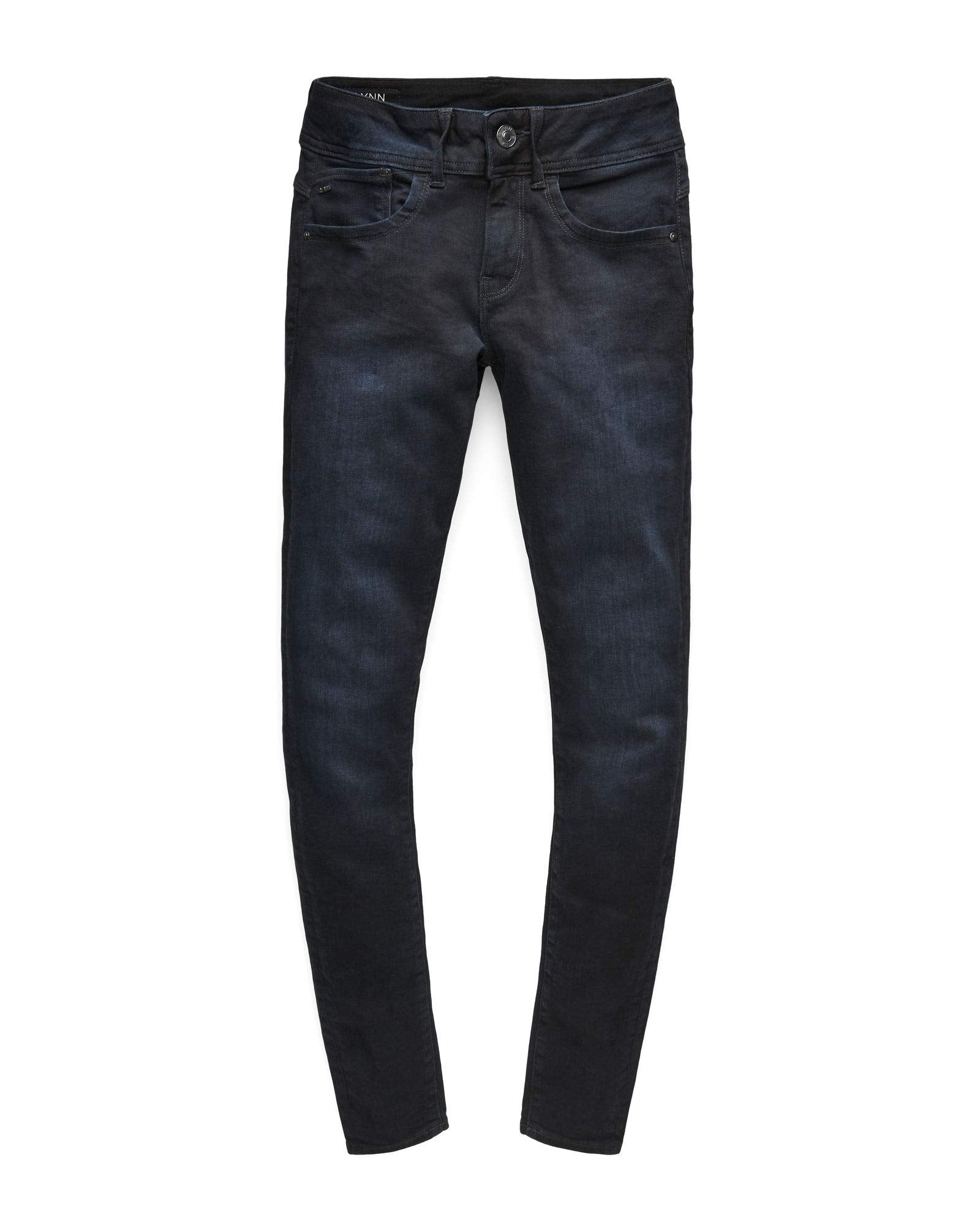 Front view of black skinny jeans with a zipper fly and five pockets against a white background.