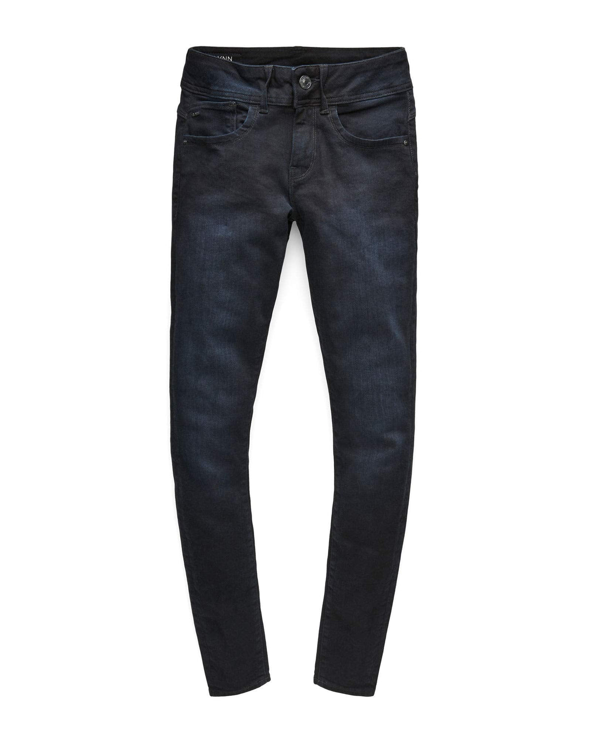 Front view of black skinny jeans with a zipper fly and five pockets against a white background.