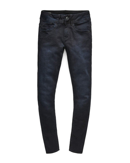 Front view of black skinny jeans with a zipper fly and five pockets against a white background.