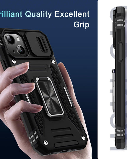 BAHAHOUSES Case for iPhone 15 with Slide Camera Cover, Rotated Ring Kickstand Military Grade Shockproof Protective Cover-Black