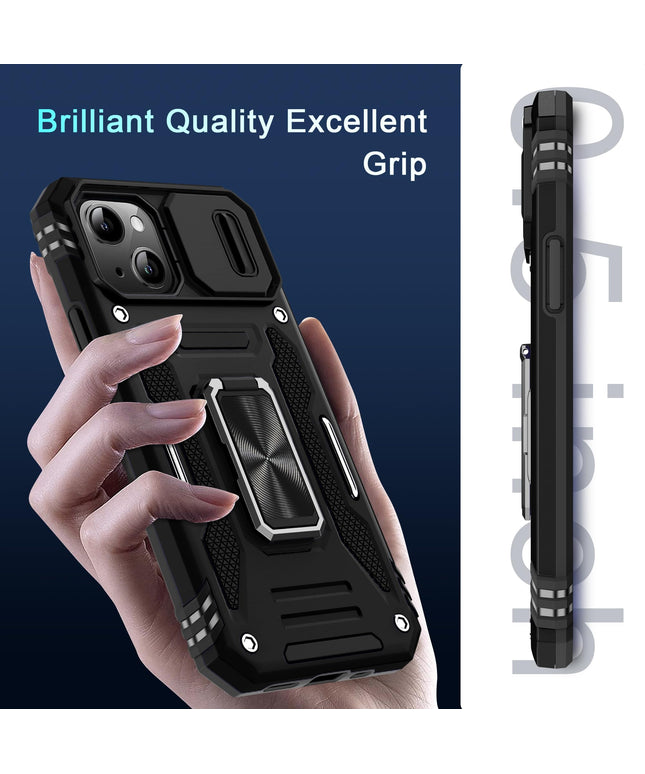 BAHAHOUSES Case for iPhone 15 with Slide Camera Cover, Rotated Ring Kickstand Military Grade Shockproof Protective Cover-Black