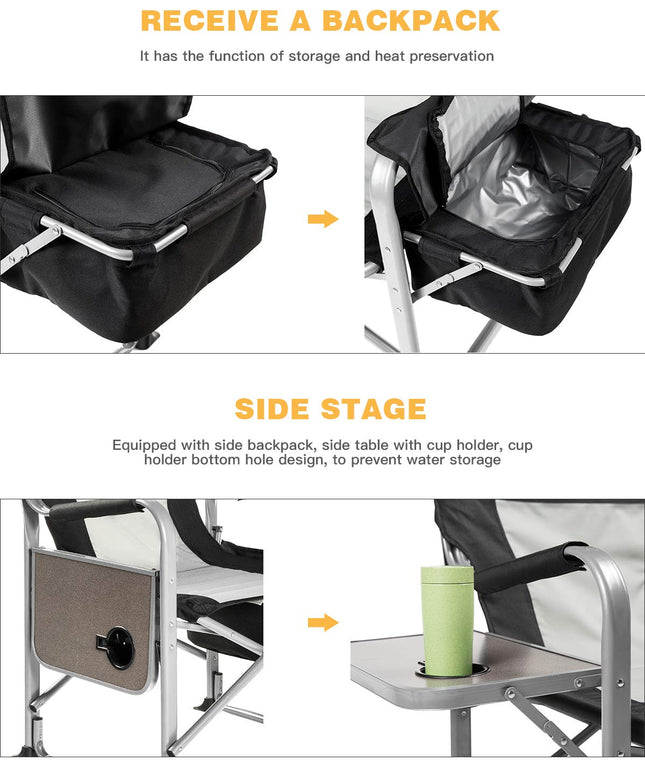 KingCamp Heavy Duty Camping Director Chair Outdoor Folding Chairs for Adults Oversized Camp Chair with Side Table, Cooler Bag, Padded Arms, for Fishing Sports Beach Picnic, Iron, Support 330lbs