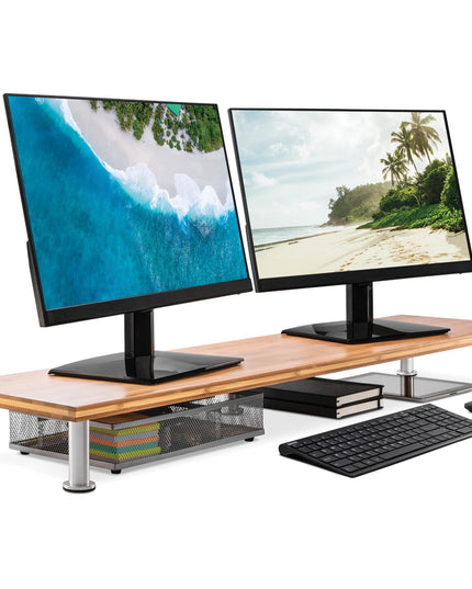 The Original Bamboo Dual Monitor Stand (As Seen On PBS) - 42 Inch Large Monitor Riser for Computer Screens, Laptop or TV - Desk Shelf Adds Storage Space and Improves Ergonomics - Natural