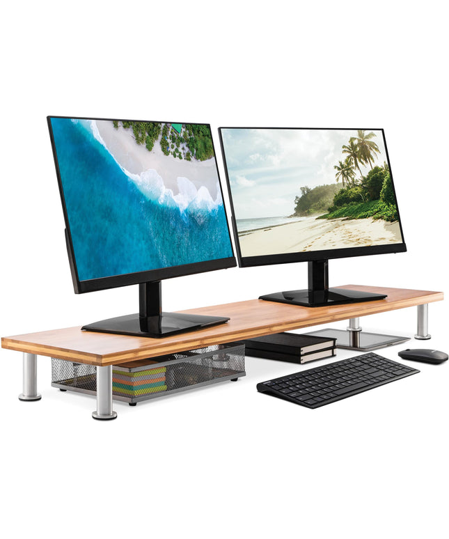 The Original Bamboo Dual Monitor Stand (As Seen On PBS) - 42 Inch Large Monitor Riser for Computer Screens, Laptop or TV - Desk Shelf Adds Storage Space and Improves Ergonomics - Natural