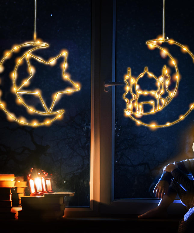 Pinata Ramadan Decorations Moon Star Window Lights 2 Pack Eid Mubarak Decor, Hanging LED Battery Operated Ramadan Lights, Eid Decorations for Home Indoor Outdoor Decor (Heavy Duty Metal Timer Function)