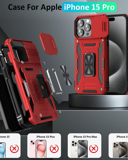 UKLCCU Case for iPhone 15 Pro Phone Case 15 Pro iPhone Case with Slide Camera Cover & Built-in 360° Rotating Kickstand for iPhone 15 Pro - Red