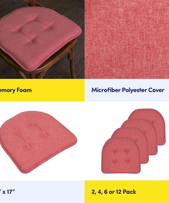 Sweet Home Collection Chair Cushion Memory Foam Pads Tufted Slip Non Skid Rubber Back U-Shaped 17" x 16" Seat Cover, 2 Count (Pack of 1), Peach
