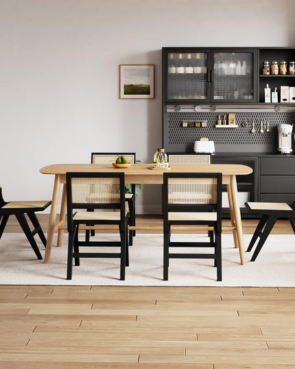 Accent Chair Dining Chairs Set of 2, Solid Wood Frame Boho Rattan Chair, Mid Century Modern Accent Chairs for Living Room Bedroom Dining Room Kitchen (Black)