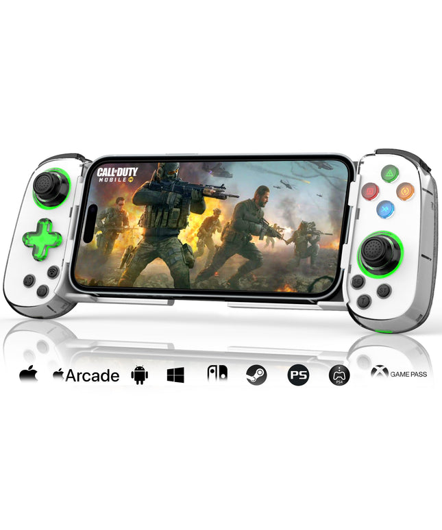 Phone Game Controller for iPhone/Android/PC/Switch, Play COD, Genshin,Support Streaming on PS5/Xbox/PC Console, Cloud Gaming Wireless Gamepad Joystick, Turbo/6-Axis Gyro/Dual Motor, Green Light, White