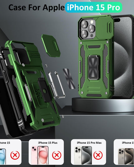 UKLCCU Case for 15 Pro iPhone Phone Case iPhone 15 Pro Case for Men with Slide Camera Cover, Built-in 360° Rotate Ring Stand for iPhone 15 Pro - Olive Green