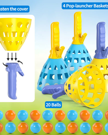 TEMI Pop Pass Catch Ball Game with 4 Catch Launcher Baskets and 20 Balls, Beach Toys Backyard Outdoor Indoor Game Age 3 4 5 6 7 8 9 10+ Years Old Boys Girls Kids Adults Family Christmas Easter Gifts