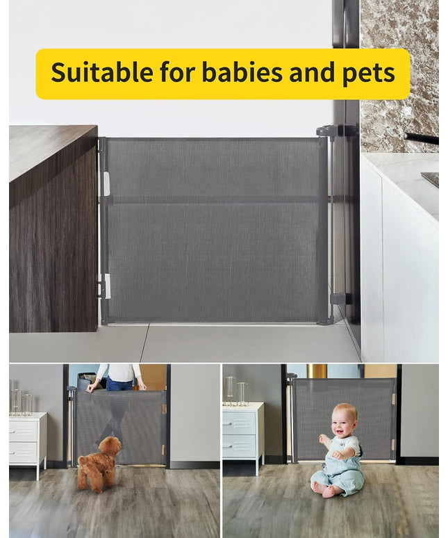Dearlomum Retractable Baby Gate,Mesh Baby Gate or Mesh Dog Gate,84 cm Tall,Extends up to 140 cm Wide,Child Safety Gate for Doorways, Stairs, Hallways, Indoor/Outdoor（Grey)