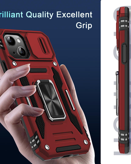 BAHAHOUSES Case for iPhone 15 with Slide Camera Cover, Rotated Ring Kickstand Military Grade Shockproof Protective Cover-Red