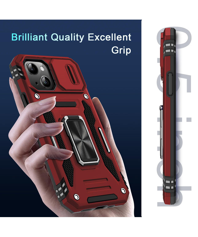 BAHAHOUSES Case for iPhone 15 with Slide Camera Cover, Rotated Ring Kickstand Military Grade Shockproof Protective Cover-Red