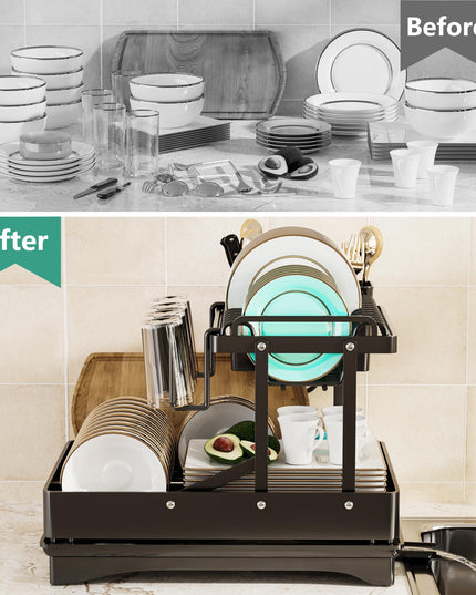 Hiviweer Dish Drying Rack, Multifunctional & Collapsible Dish Rack for Kitchen Counter, Black
