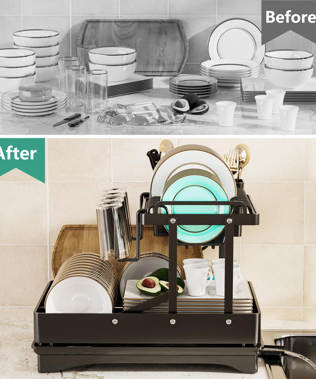 Hiviweer Dish Drying Rack, Multifunctional & Collapsible Dish Rack for Kitchen Counter, Black
