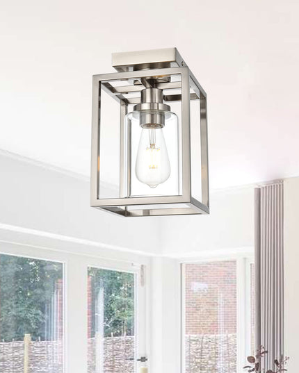 MELUCEE Semi Flush Mount Ceiling Light Brushed Nickel Finish, 1-Light Industrial Island Light Geometric Metal Cage Farmhouse Ceiling Light Fixture for Entryway Porch Bedroom Dining Room