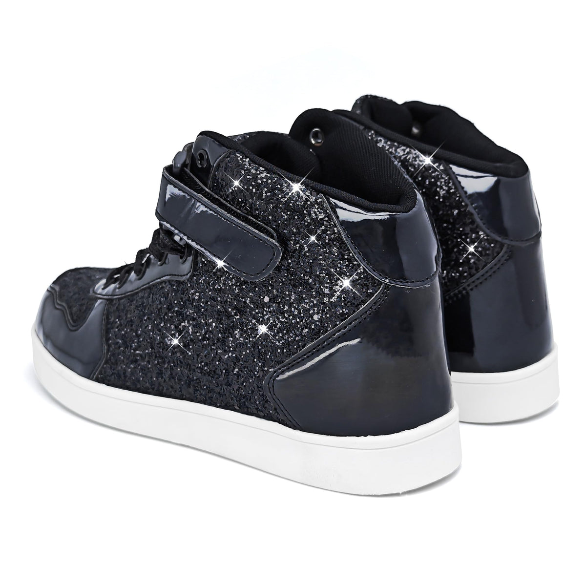 Wooowyet black glitter high-tops, back heel view