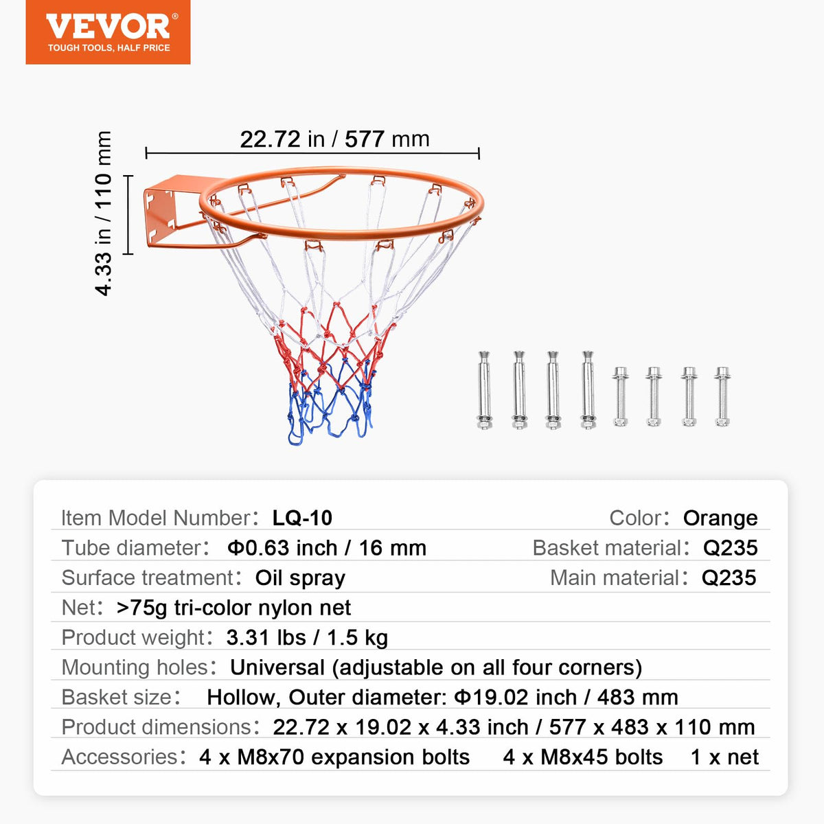 VEVOR basketball rim dimensions and specifications sheet