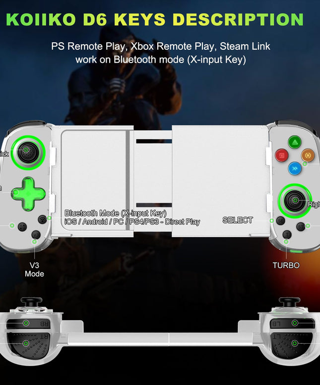 Phone Game Controller for iPhone/Android/PC/Switch, Play COD, Genshin,Support Streaming on PS5/Xbox/PC Console, Cloud Gaming Wireless Gamepad Joystick, Turbo/6-Axis Gyro/Dual Motor, Green Light, White