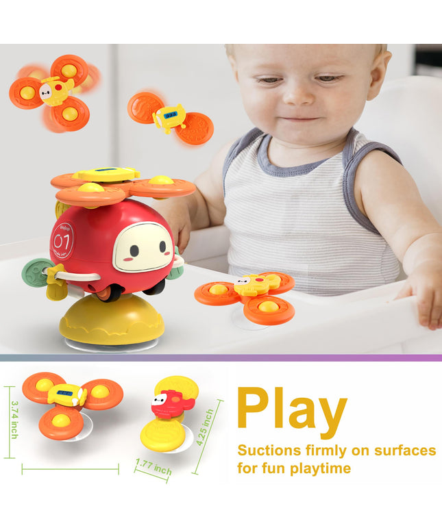 Dowellin 3-in-1 Spinner Toys High Chair Toy Table Toys for Kids, Car Toys and Helicopter Push Pull Toys Sucker Suction Toys for Child, Spinner Bath Toys for Baby Toddlers Infant 1 2 3 Years