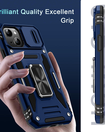 BAHAHOUSES Case for iPhone 15 with Slide Camera Cover, Rotated Ring Kickstand Military Grade Shockproof Protective Cover-Navy Blue