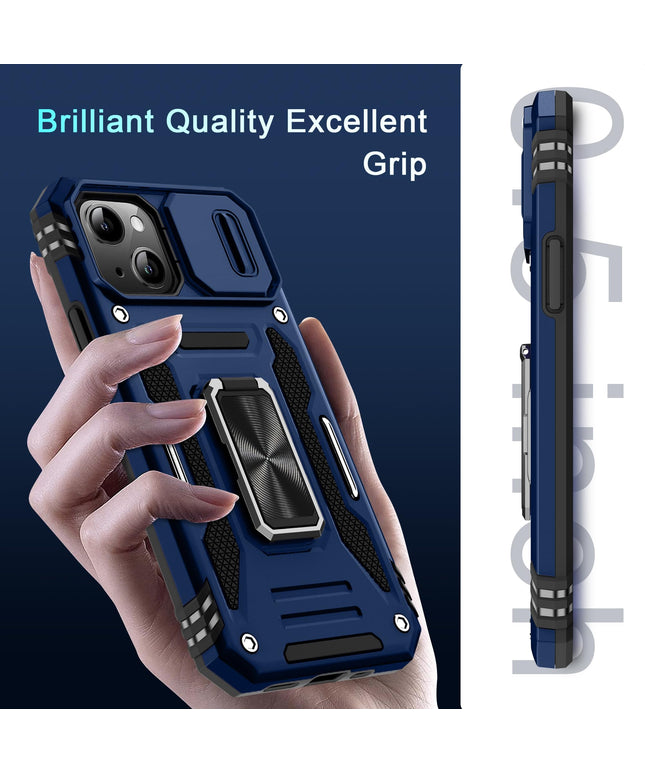 BAHAHOUSES Case for iPhone 15 with Slide Camera Cover, Rotated Ring Kickstand Military Grade Shockproof Protective Cover-Navy Blue