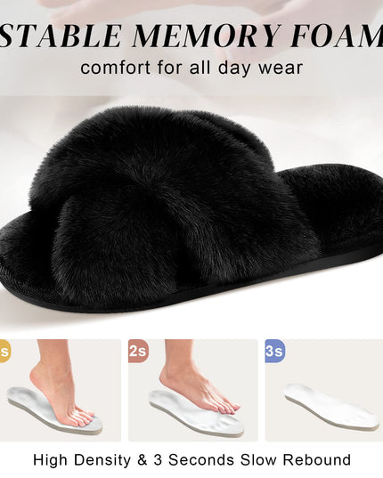 SIZE: 38-39 - Women's Cross Band Slippers Fuzzy Soft House Slippers Plush Furry Warm Cozy Open Toe Fluffy Home Shoes Comfy Indoor Outdoor Slip On Breathable (Black)