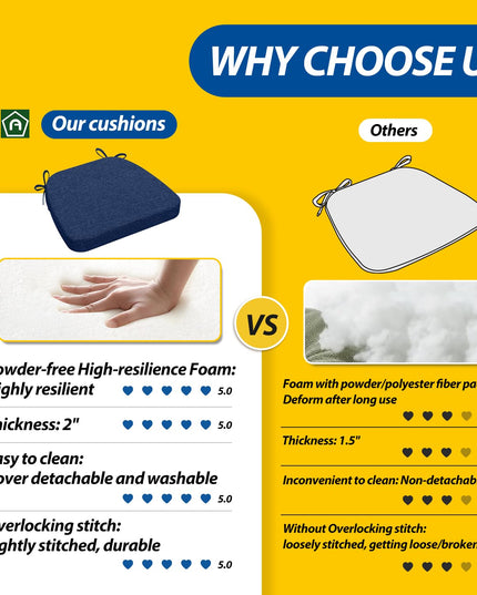 AAAAAcessories D-Shaped Chair Cushions for Dining Chairs with Ties and Removable Cover, 43 cm W x 40 cm L x 5 cm H, Set of 6, Blue