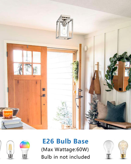 MELUCEE Semi Flush Mount Ceiling Light Brushed Nickel Finish, 1-Light Industrial Island Light Geometric Metal Cage Farmhouse Ceiling Light Fixture for Entryway Porch Bedroom Dining Room