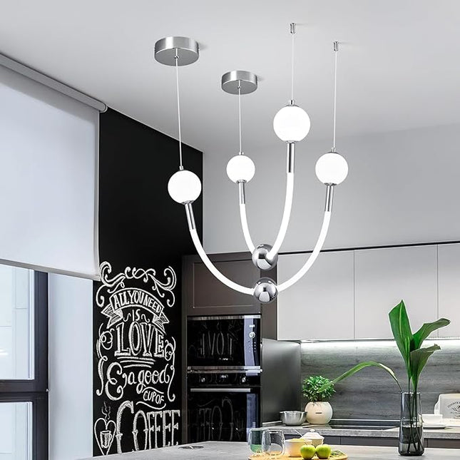 Modern Chrome Chandelier Hanging Fixture Light for Kitchen Island Industrial Iron Pendant Light with Milk White Globe Pendant Lighting for Living Room Bedroom Entryway (2 Light)