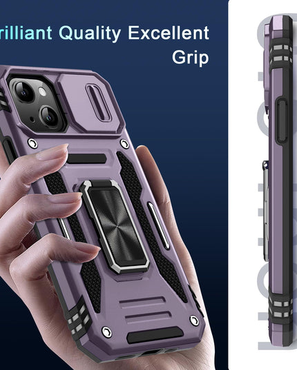 BAHAHOUSES Case for iPhone 15 with Slide Camera Cover, Rotated Ring Kickstand Military Grade Shockproof Protective Cover-Deep Purple