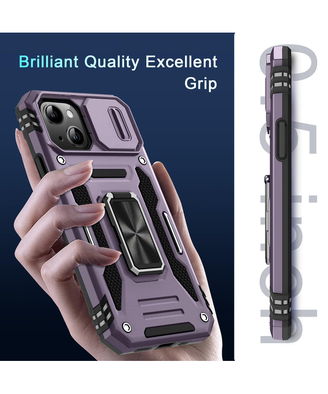 BAHAHOUSES Case for iPhone 15 with Slide Camera Cover, Rotated Ring Kickstand Military Grade Shockproof Protective Cover-Deep Purple