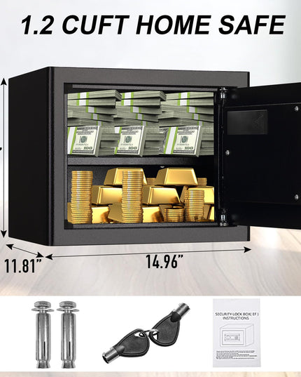 Tenamic Fireproof Safe Box 1.2 Cuft Electronic Digital Security Box, Keypad Small Lock Box Cabinet Safes with Internal Light, Solid Alloy Steel Office Hotel Home Safe with 2 Passwords, Black