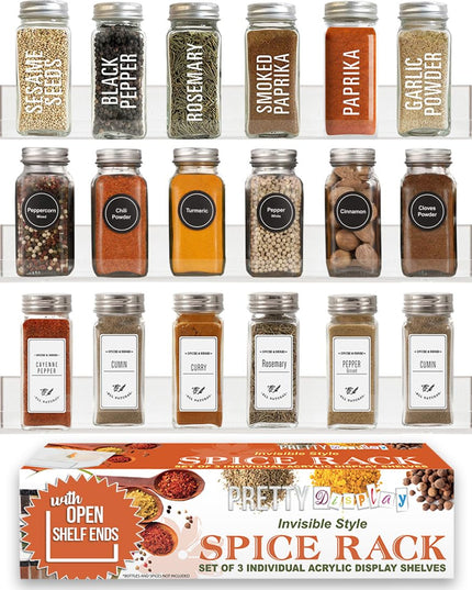 Pretty Display Wall Mounted Spice Rack Shelves [3-Pack] - Clear