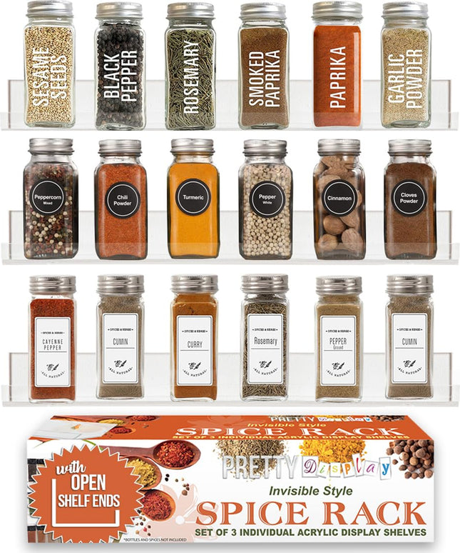 Pretty Display Wall Mounted Spice Rack Shelves [3-Pack] - Clear