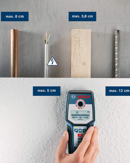 Bosch Professional Stud Finder GMS 120 (Drill Hole Marker, max. Detection Depth Wood/Magnetic Metal/Non-Magnetic Metal/Live Cable: 38/120/80/50 mm, in Cardboard Box)