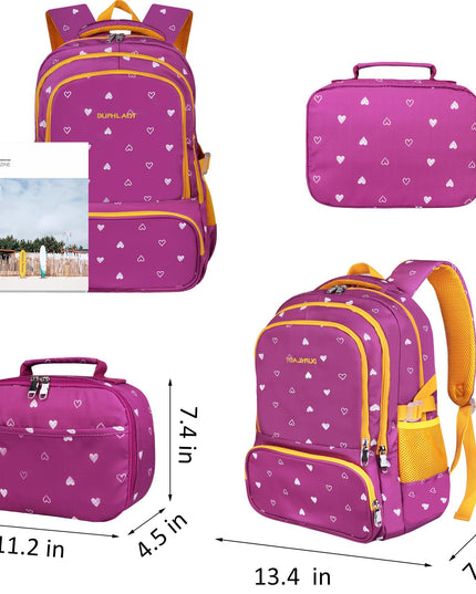 DUPHLAGT Kids Backpack for Girls with Lunch Box, Water Resistant Casual School Bag, Lightweight Elementary Daypack School Backpack for Teen Girls (Purple)