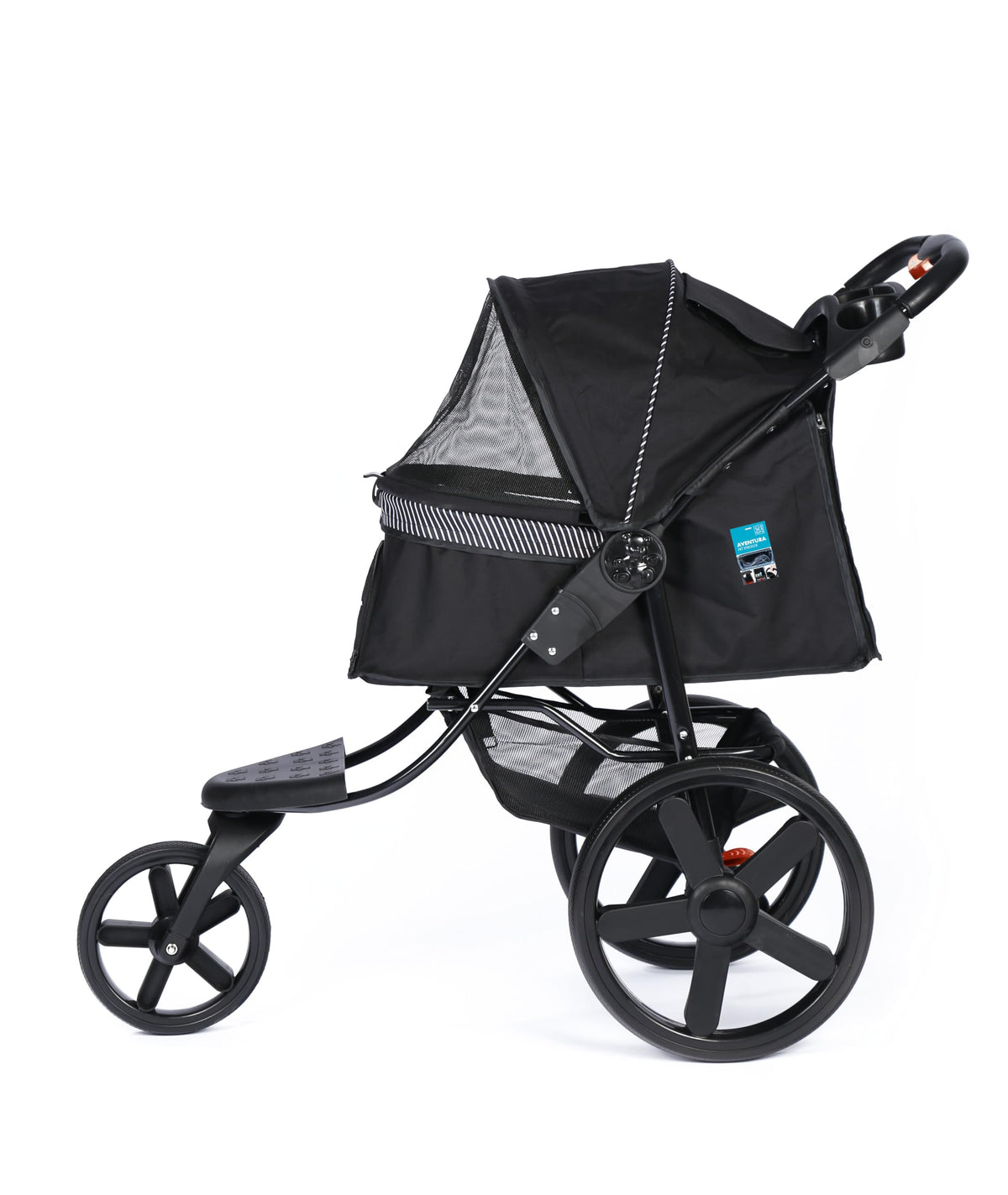 M-Pets Aventura black three-wheel dog stroller with canopy, side view
