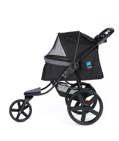 M-Pets Aventura black three-wheel dog stroller with canopy, side view
